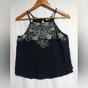 Love On A Hanger Black Halter Tank Top With White Floral Embroidery Size Medium